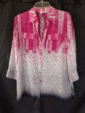 ALIA Ombre Button up Blouse Pink/Gray/White Leopard Spot Print